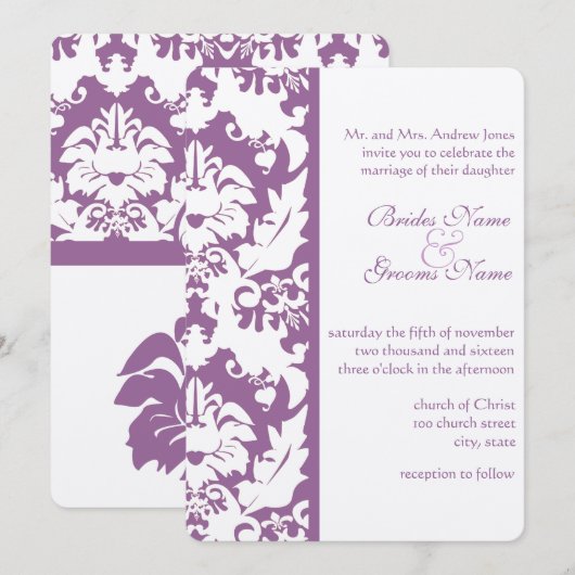 Invitation Élégant violet victorien Mariage damassé (Devant / Derrière)