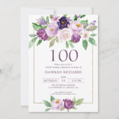 Invitation Élégant violet | Violet Floral 100e anniversaire (Devant)