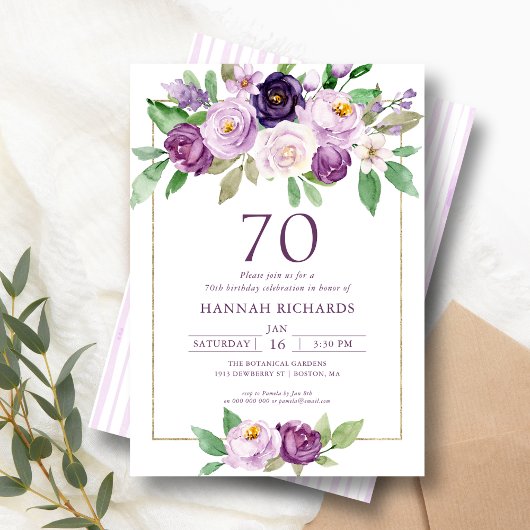 Invitation Élégant violet | Violet Floral 70e anniversaire