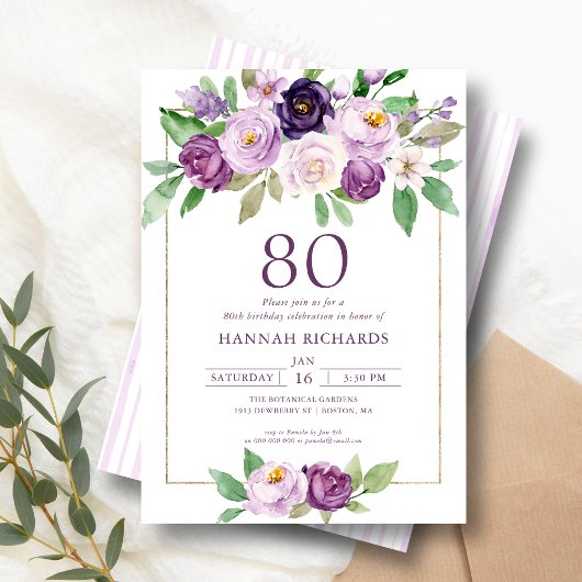 Invitation Élégant violet | Violet Floral 80e anniversaire