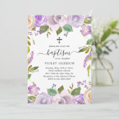 Invitation Élégant Violet Violet Floral Cross Girl Baptism (Debout devant)