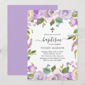 Invitation Élégant Violet Violet Floral Cross Girl Baptism (Devant / Derrière)