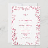 Invitation Élégant Vivid Magenta Feuille Mariage photo Monogr (Devant)