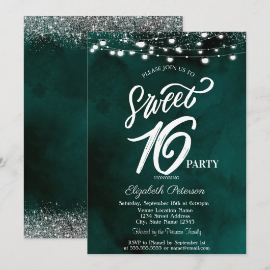 Invitation Élégant voyants à cordes Confetti Green Sweet 16 (Devant / Derrière)