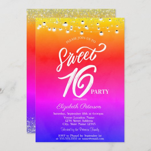 Invitation Élégant voyants à cordes Confetti Ombre Sweet 16 (Devant / Derrière)