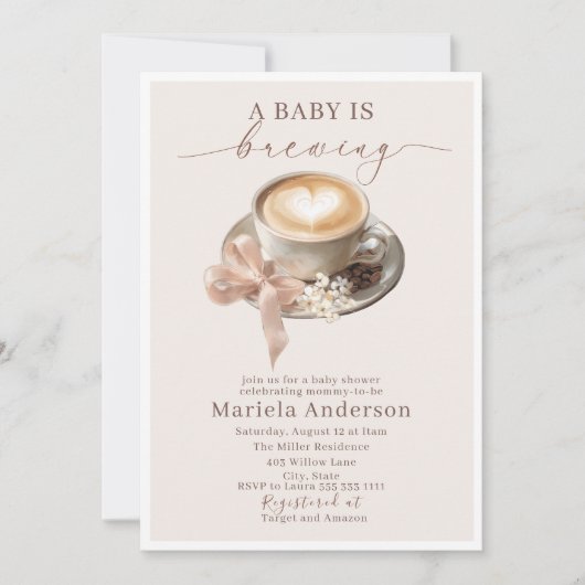 Invitation Elegant Watercolor a baby is brewing coffee brawn (Devant)