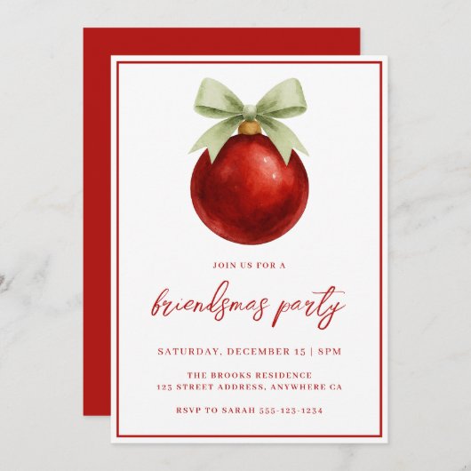 Invitation Elegant Watercolor Bauble & Bow Friendsmas Party (Devant / Derrière)