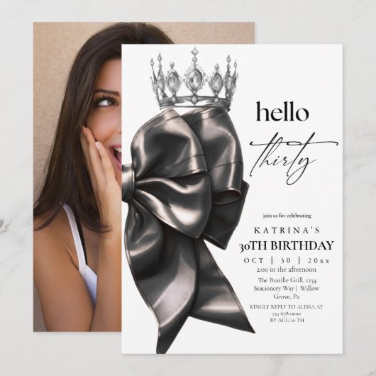Invitation  Elegant Watercolor Black Bow 30th Birthday (Devant / Derrière)