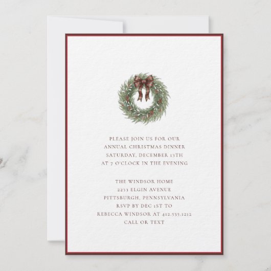 Invitation Elegant Watercolor Christmas Wreath Plaid Bow (Devant)