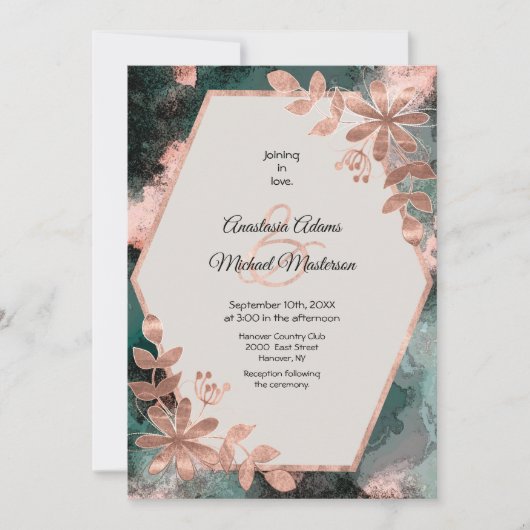 Invitation Elegant Watercolor Floral Copper Rose Teal Wedding (Devant)