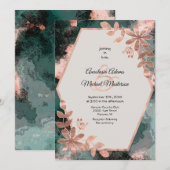 Invitation Elegant Watercolor Floral Copper Rose Teal Wedding (Devant / Derrière)