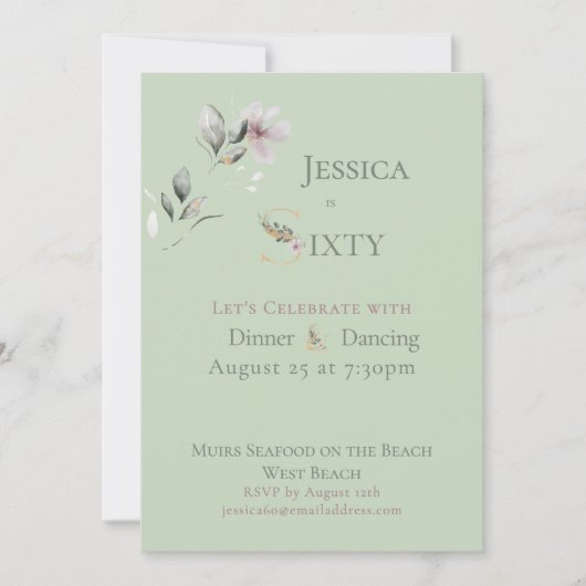 Invitation Elegant Watercolor Floral Sage 60th Birthday  (Devant)