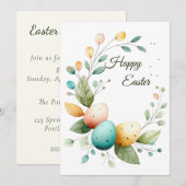 Invitation Elegant Watercolor Floral Wreath Easter (Devant / Derrière)