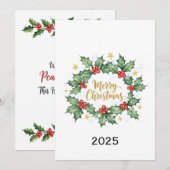 Invitation Elegant Watercolor Holly Merry Christmas (Devant / Derrière)