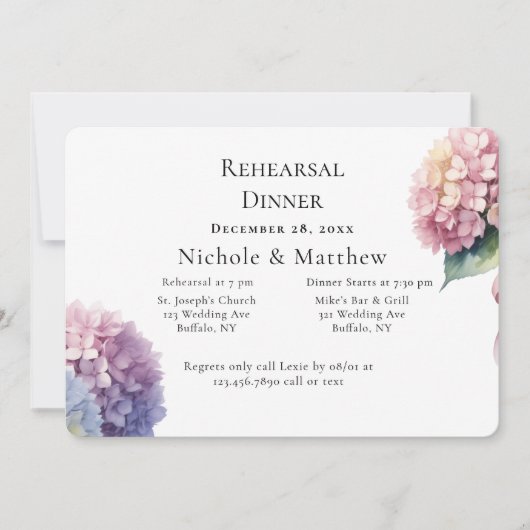 Invitation Elegant Watercolor Hydrangeas Rehearsal Dinner (Devant)