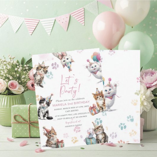 Invitation Elegant  Watercolor Kitten Cat 2nd Birthday  invit
