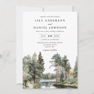 Invitation Elégant Watercolor Lake Forest Mariage Woodland