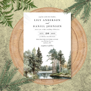 Invitation Elégant Watercolor Lake Forest Mariage Woodland