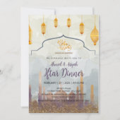 Invitation Elegant Watercolor Mosque & Gold Lanterns Iftar (Devant)