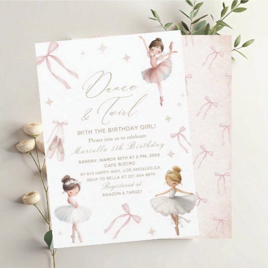 Invitation Elegant  Watercolor One 5th Birthday tutu cute Gir