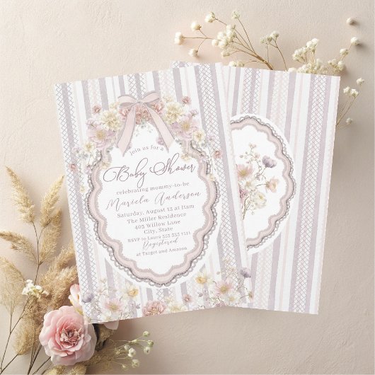 Invitation Elegant Watercolor pastel wildflower bow lace Baby
