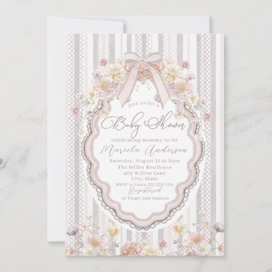 Invitation Elegant Watercolor pastel wildflower bow lace Baby (Devant)