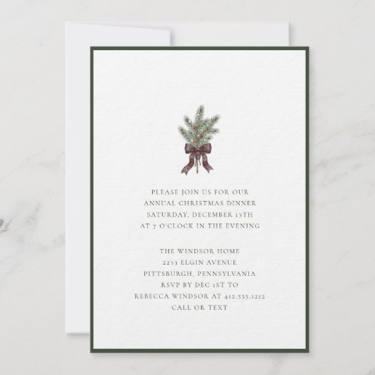 Invitation Elegant Watercolor Pine Sprig with Plaid Bow  (Devant)