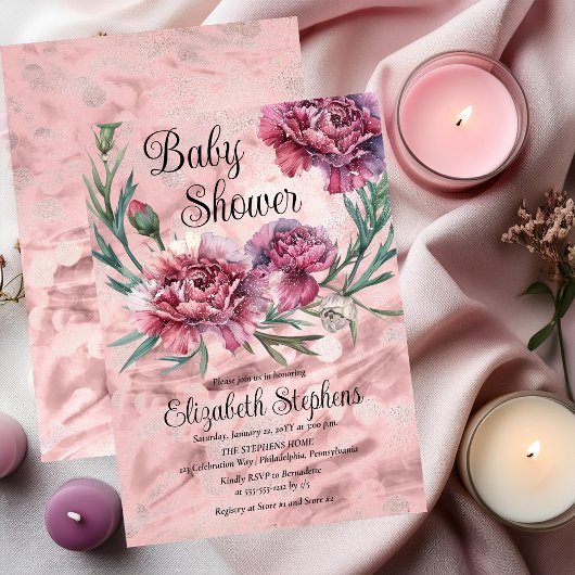 Invitation Elegant Watercolor Pink Carnations Baby Shower