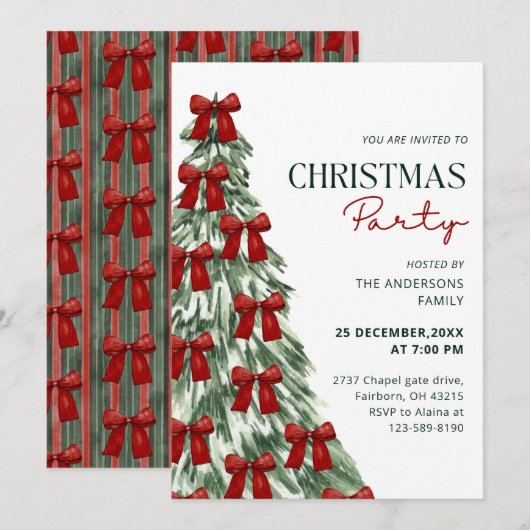 Invitation Elegant Watercolor Red Bow Christmas Tree Party (Devant / Derrière)