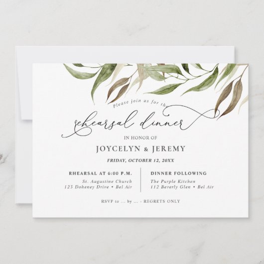 Invitation Elegant Watercolor Rustic Eucalyptus Rehearsal (Devant)