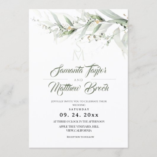 Invitation Elegant Watercolor Sage Greenery Floral Wedding (Devant)