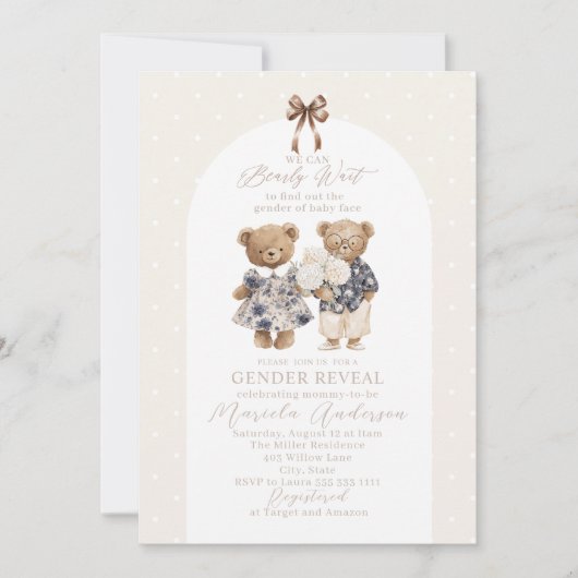 Invitation Elegant Watercolor Teddy Bear blue bow Baby Shower (Devant)