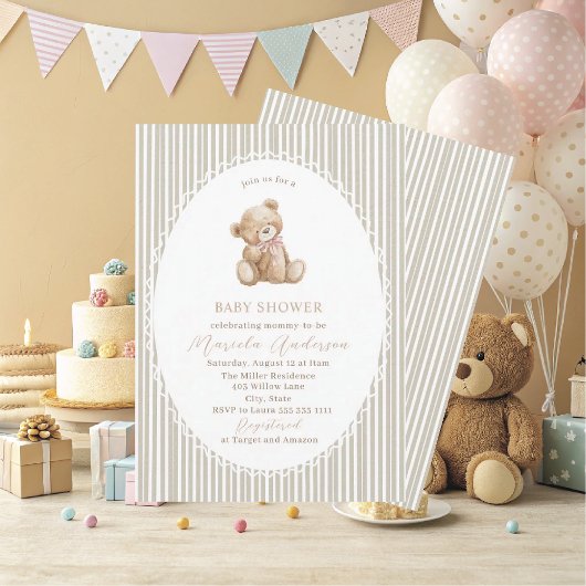 Invitation Elegant Watercolor Teddy Bear blue bow Baby Shower