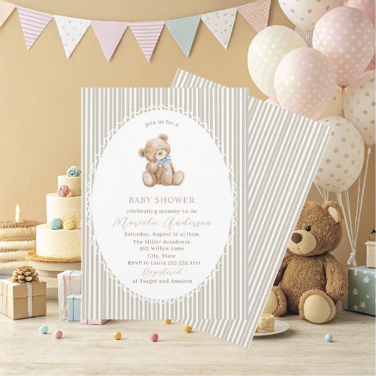 Invitation Elegant Watercolor Teddy Bear blue bow Baby Shower