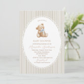 Invitation Elegant Watercolor Teddy Bear blue bow Baby Shower (Debout devant)