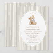 Invitation Elegant Watercolor Teddy Bear blue bow Baby Shower (Devant / Derrière)