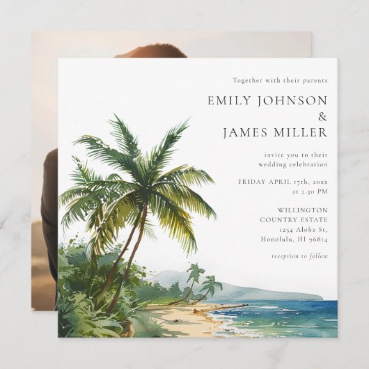 Invitation Elegant Watercolor Tropical Beach Photo Wedding (Devant / Derrière)