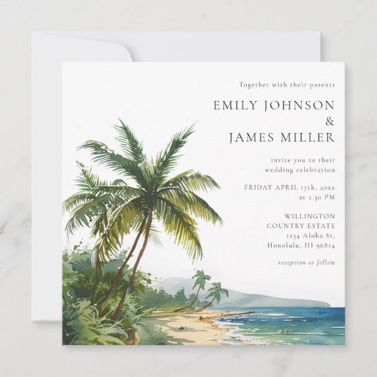 Invitation Elegant Watercolor Tropical Beach QR Code Wedding (Devant)