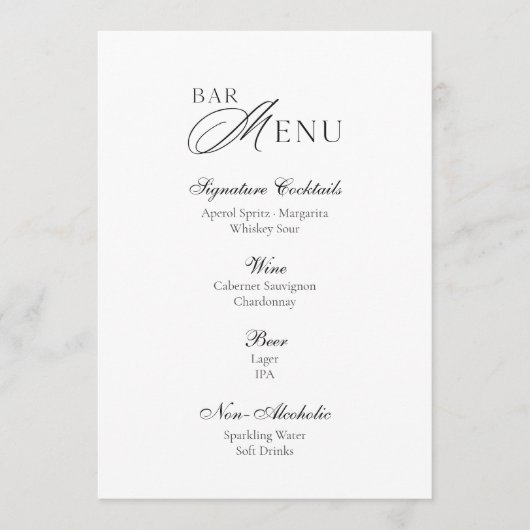 Invitation Elegant Wedding Bar Menu Sign (Devant)