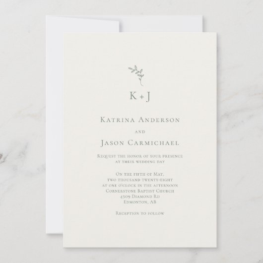 Invitation Elegant Wedding Minimal Sage Green Monogram (Devant)