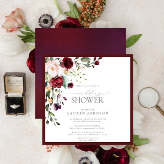 Invitation Elégant Wedding shower d'aquarelle florale bordeau