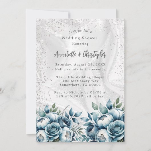 Invitation Elégant Wedding shower de bouquet bleu bleu argent (Devant)