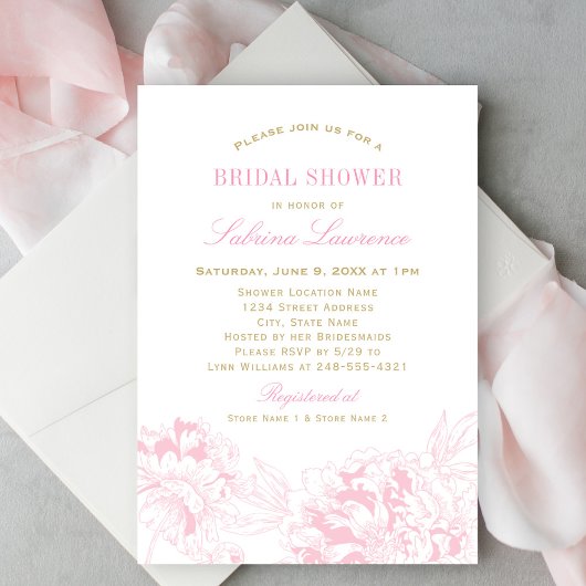 Invitation Élégant Wedding shower de pivoine rose or