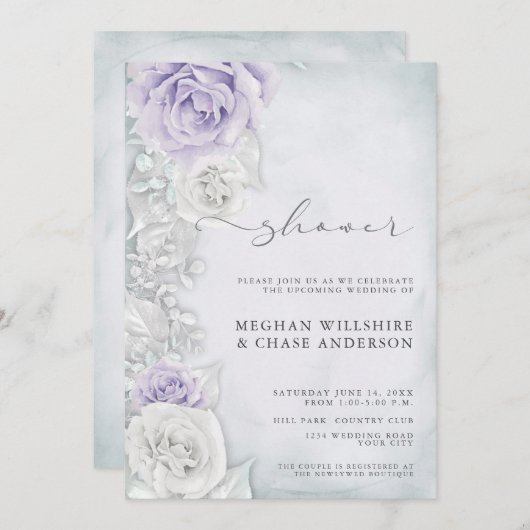 Invitation Élégant Wedding shower Lilac et Roses Blanches (Devant / Derrière)