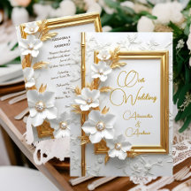 Elegant Wedding White Embossed Gold Diamond Floral