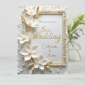 Invitation Elegant Wedding White Embossed Gold Diamond Flower (Debout devant)