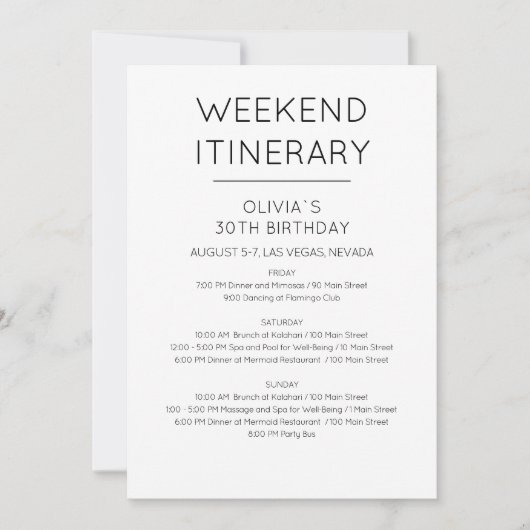 Invitation Elégant Week-end Anniversaire Itinéraire Invitatio (Devant)