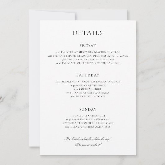 Invitation Élégant week-end de bachelorette simple avec Itiné (Dos)