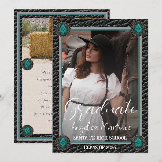 Invitation Élégant Western Black Leather Photo Graduation (Devant / Derrière)