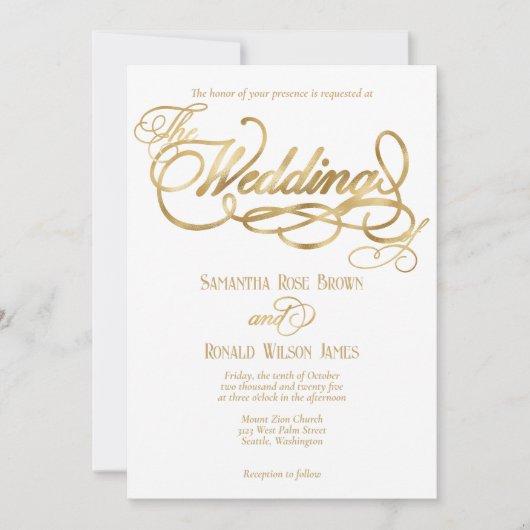 Invitation Elegant White and Faux Gold Calligraphy Wedding (Devant)